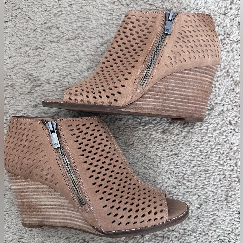 Lucky Brand Tan Wedge Ankle Boots with Peep Toe and Side Zipper